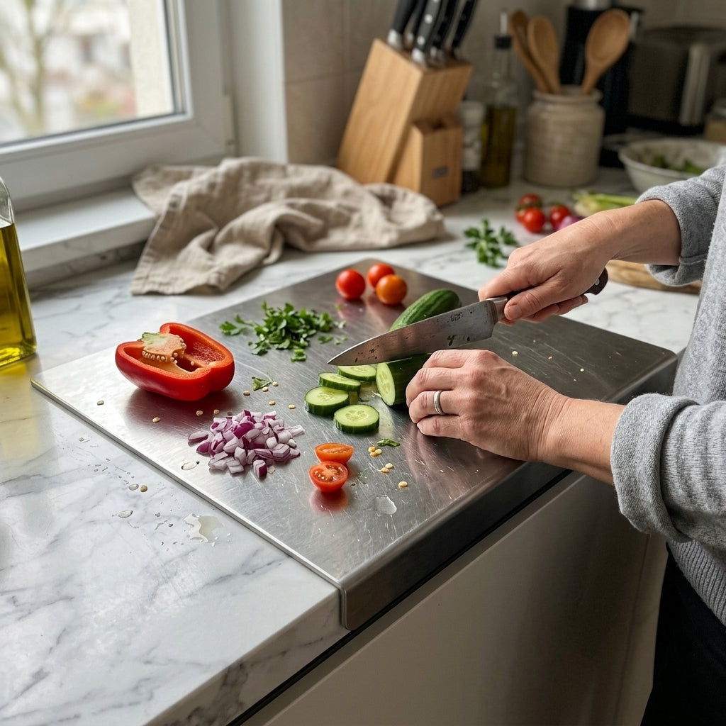 Tabla de acero Limbrano mientras se cortan verduras
