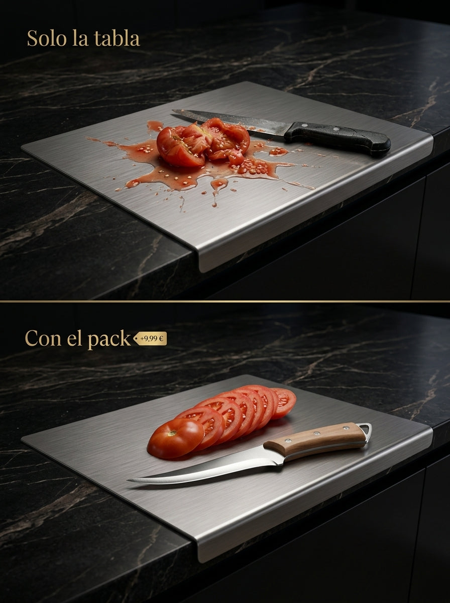 Comparación: con un cuchillo sin filo el tomate se aplasta; con el pack Limbrano se corta en láminas perfectas